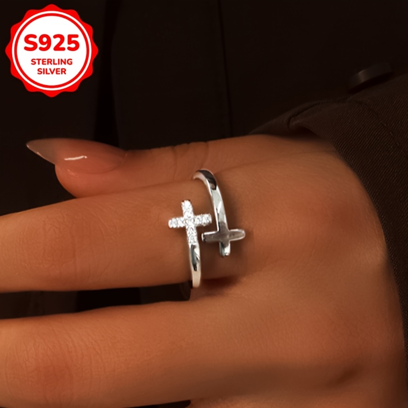 Silver Double Cross Zirconia Women's Adjustable Ring